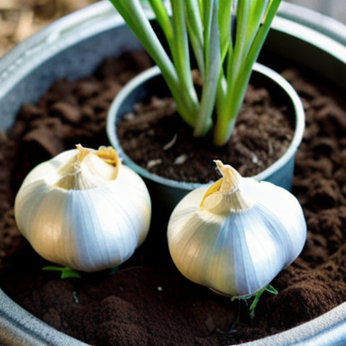 Bulbos de alho plantados em vaso