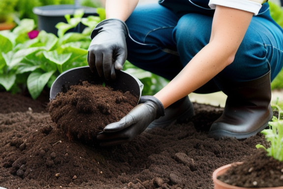 Gardener applying homemade compost to plants in the garden