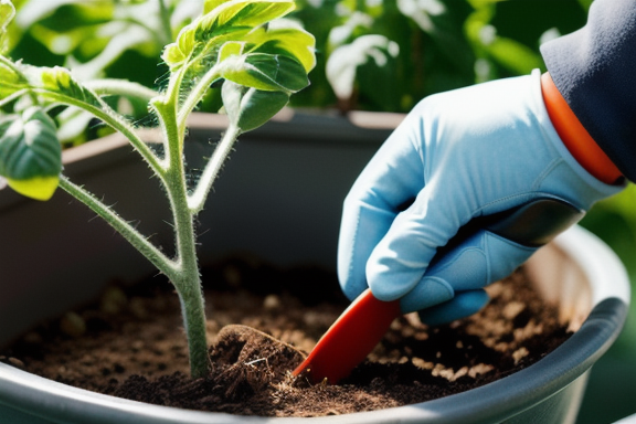 Gardener pruning a tomato plant in a pot