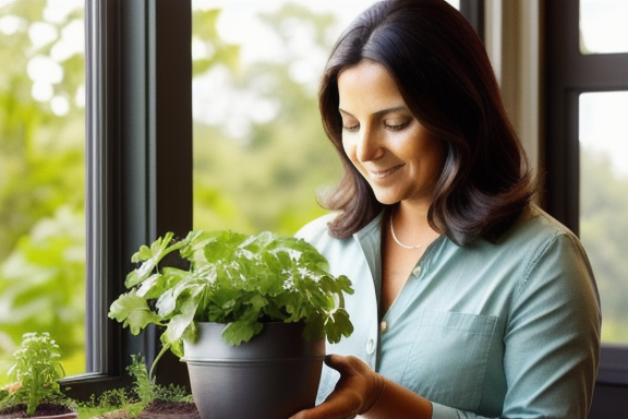 Mulher plantando coentro em um vaso